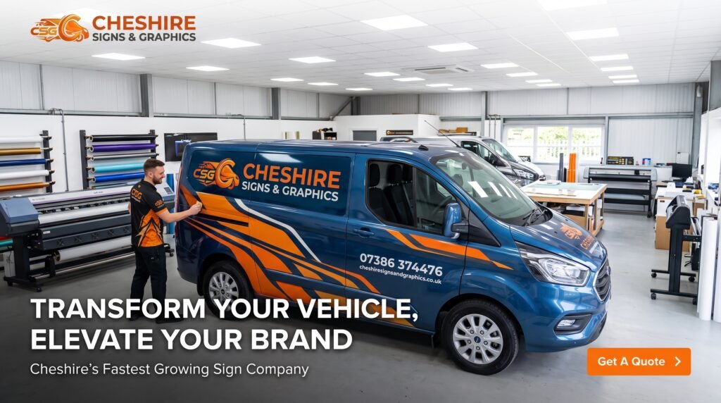 Professional vehicle graphics and van lettering in Cheshire. 3-sides package from £149.99 fitted at your location. Get a free quote today on 07386 374476.