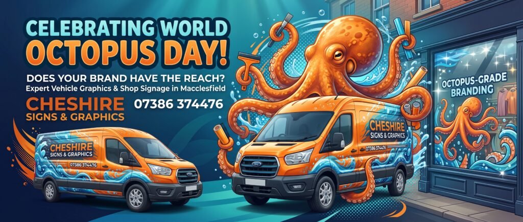 Cheshire Signs and Graphics vehicle wraps and shop window graphics Macclesfield celebrating World Octopus Day
